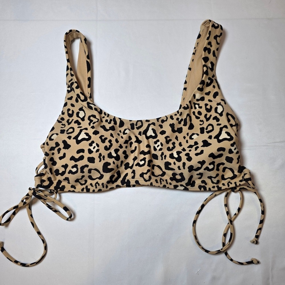 Hollister Swim Womens Leopard Print Scoop Neck Side Tie Bikini Top Tan Black‎ L
